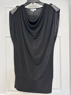Cowl-Neck Black Sleeveless Top with Silver Shoulder Accents